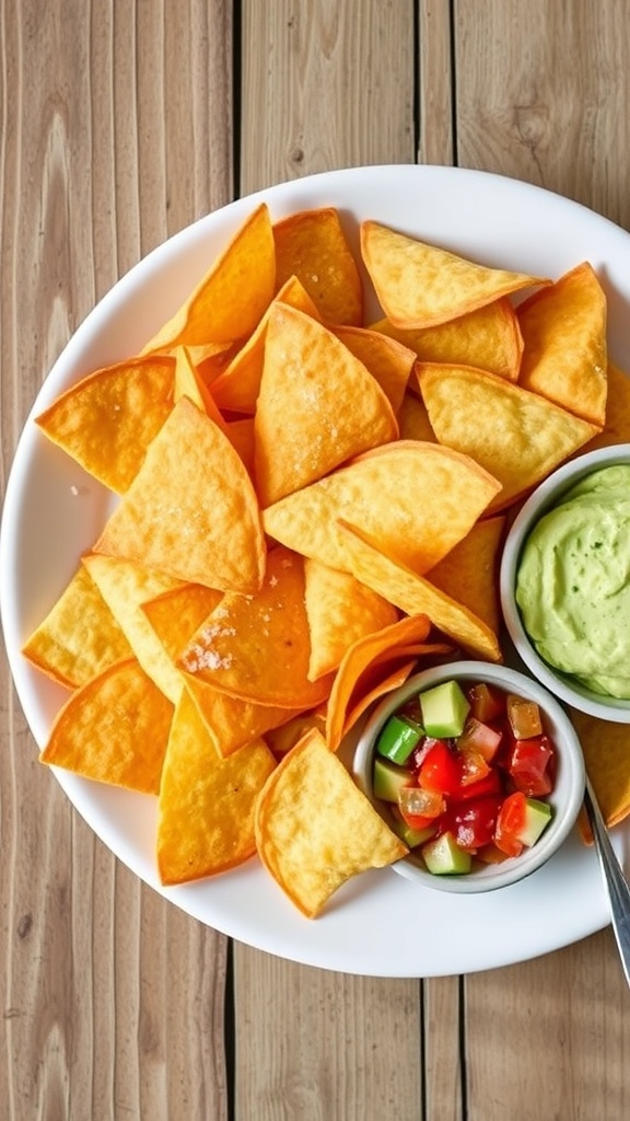 Crispy Zero Carb Tortilla Chips Recipe Crispy tortilla chips made from zero carb tortillas served with salsa and avocado dip on a wooden table.